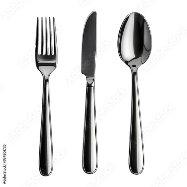 Fototapeta Set of three silver gray kitchen eating cutlery equipment. Fork, knife and spoon objects isolated on transparent background. 