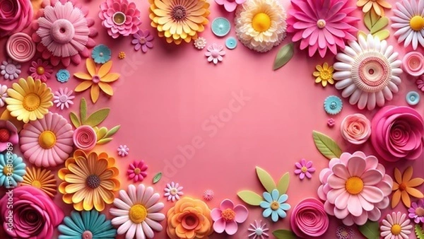 Obraz Background of pink paper with colorful flowers and empty space for text or greeting card design