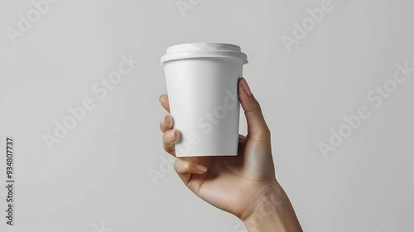 Fototapeta Blank White Coffee Cup Mockup Held in Woman's Hand on Minimalist Background