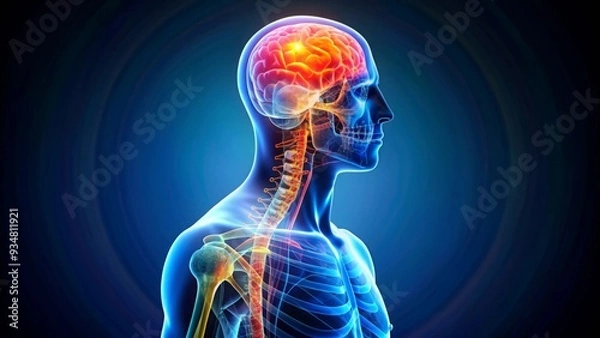 Fototapeta An anatomical of a human figure showcasing brain and painful joints in vibrant colors against a dark background