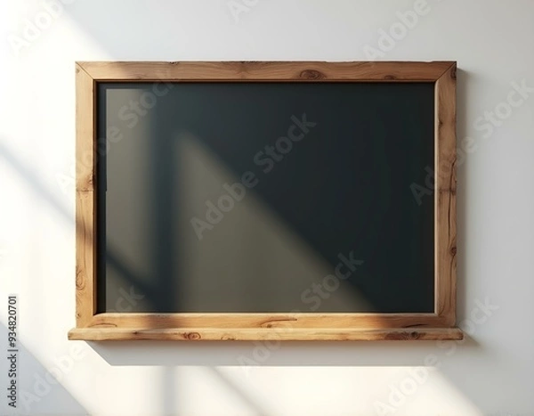Fototapeta blank chalkboard with wooden frame on clean white wall next to window in the morning