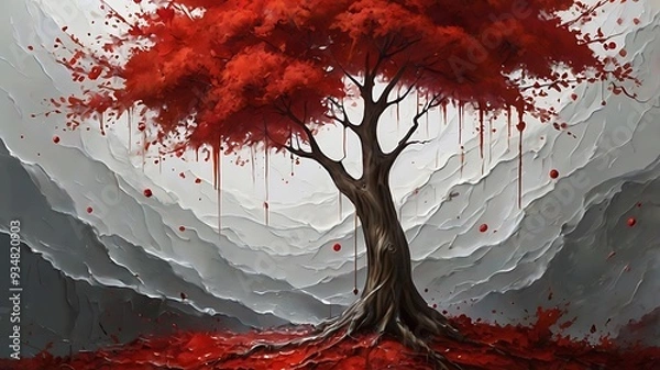 Fototapeta  painting of a red tree with long, flowing branches