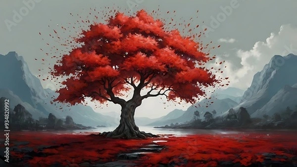 Fototapeta  painting of a red tree with long, flowing branches