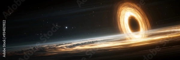 Fototapeta Black holes gravitational pull shown as a 3D tidal force with 2D planets and stars being pulled apart as they approach the event horizon blending the visual representation of extreme gravity