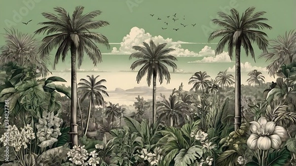 Fototapeta  of a tropical jungle with palm trees, flowers, and birds.