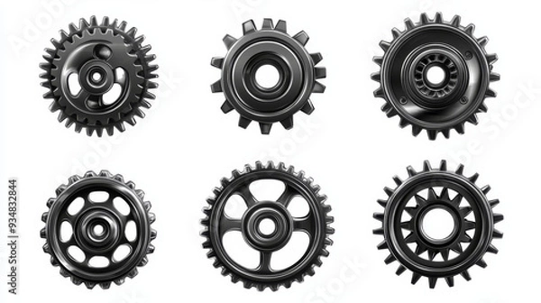 Fototapeta A set of pinions and gears isolated on a white background, perfect for machinery and mechanical design applications.