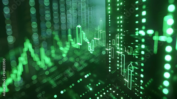 Fototapeta A bullish stock exchange market graph showing green, with buying hours, volume chart