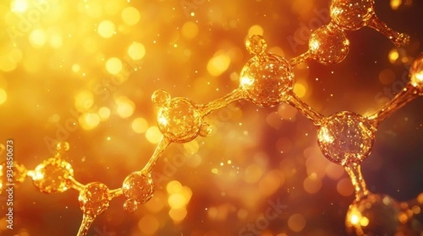 Obraz A close-up of a glowing golden molecular structure surrounded by vibrant particles, set against a radiant background, symbolizing luxury and advanced science.