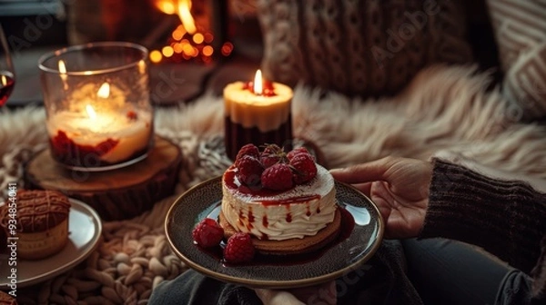 Fototapeta Raspberry Cake and Candles.