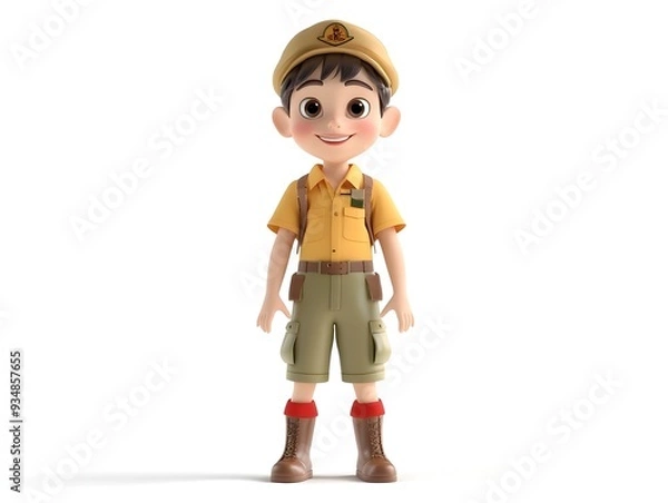 Fototapeta 3D Animation of a Full Body Boy in a Tour Guide Uniform Standing at the Center Isolated on a White Background with No Shadow