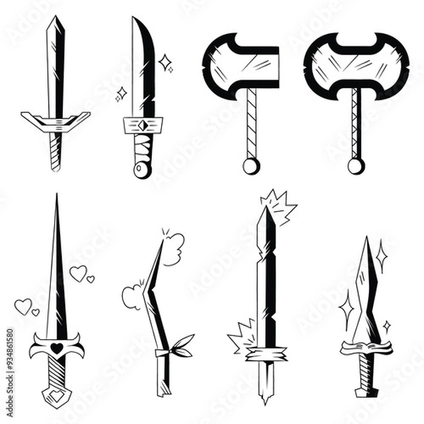 Obraz Minimalist sword, dagger, hammer, axe, and weapon adventure icon line art collection. captivating collection of hand-drawn adventure weapon line art. Iconic tattoo fantasy weapon
