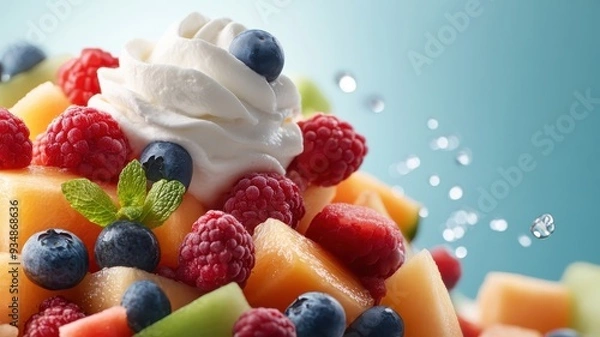 Obraz Close-up of colorful fruit salad with whipped cream.