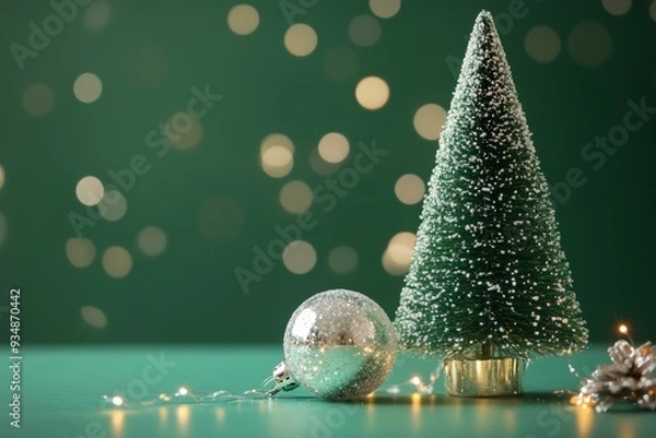 Fototapeta little chrismas tree and glass ball with green background and sparkling 