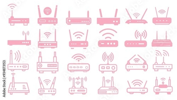 Fototapeta icons set vector wifi router wireless internet network modem switch icon art  pink pastel
