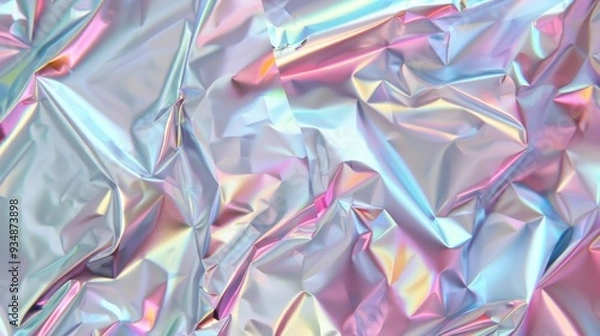 Fototapeta Iridescent Silver Holographic Crumpled Chrome Foil Background, a trendy vaporwave texture with a pastel rainbow prism effect, inspired by retro 80s cyberpunk aesthetics
