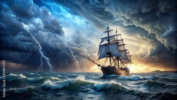Fototapeta A dramatic image of an old sailing ship braving stormy seas with storm clouds and lightning in the background