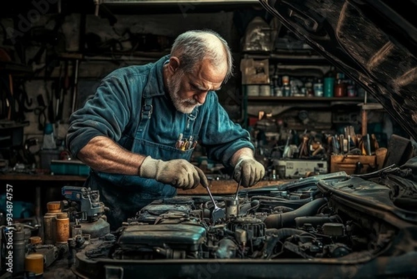 Fototapeta Photograph a mechanic leaning over an engine, tightening bolts with a wrench, with grease-stained hands and tools scattered around.  workshop filled with car parts, tools, and an open hood.