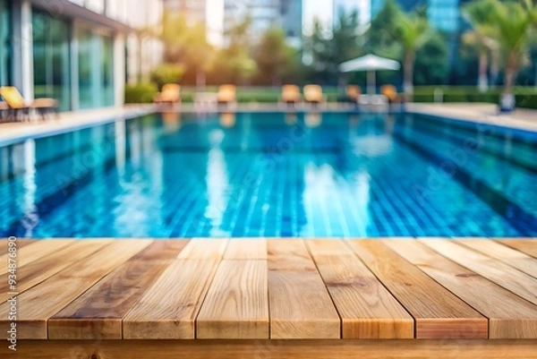Fototapeta Wooden top with blurred empty Swimming pool background can be used for mocking up or display product to make advertising