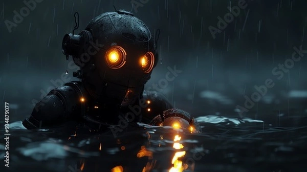 Fototapeta A mysterious robot with glowing eyes emerges from dark water, surrounded by rain and atmospheric ambiance, evoking intrigue.