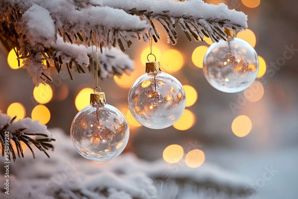 Fototapeta Ornaments dangle gracefully from a fir tree, surrounded by falling snow and soft glowing lights during a winter day