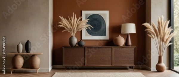 Fototapeta Stylish contemporary interior featuring a minimalist wooden sideboard with decorative vases and pampas grass. Warm, earthy tones create a modern and elegant aesthetic in a serene living space.