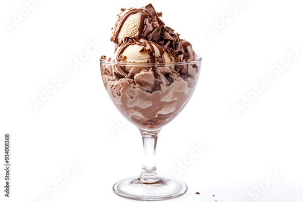 Fototapeta Photo of caramel cream sundae with condensed milk, vanilla and chocolate ice cream, isolated on white background.