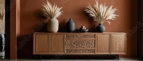 Fototapeta Stylish contemporary interior featuring a minimalist wooden sideboard with decorative vases and pampas grass. Warm, earthy tones create a modern and elegant aesthetic in a serene living space.