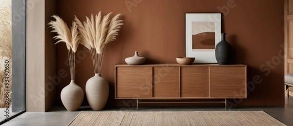 Fototapeta Stylish contemporary interior featuring a minimalist wooden sideboard with decorative vases and pampas grass. Warm, earthy tones create a modern and elegant aesthetic in a serene living space.