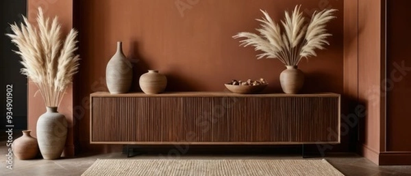 Fototapeta Stylish contemporary interior featuring a minimalist wooden sideboard with decorative vases and pampas grass. Warm, earthy tones create a modern and elegant aesthetic in a serene living space.