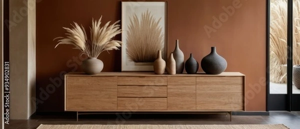 Fototapeta Stylish contemporary interior featuring a minimalist wooden sideboard with decorative vases and pampas grass. Warm, earthy tones create a modern and elegant aesthetic in a serene living space.