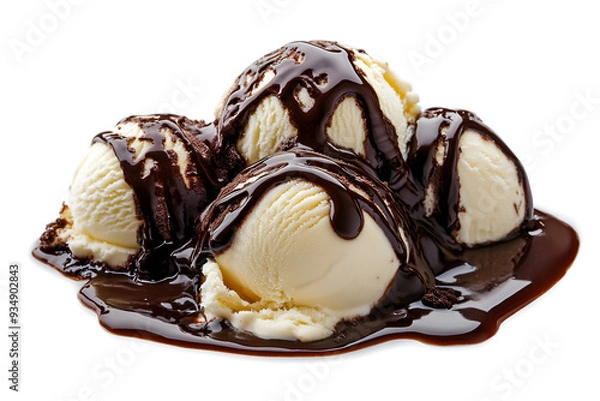 Fototapeta Ice cream scoops with melting chocolate on it, on white background