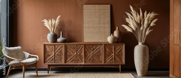 Fototapeta Stylish contemporary interior featuring a minimalist wooden sideboard with decorative vases and pampas grass. Warm, earthy tones create a modern and elegant aesthetic in a serene living space.