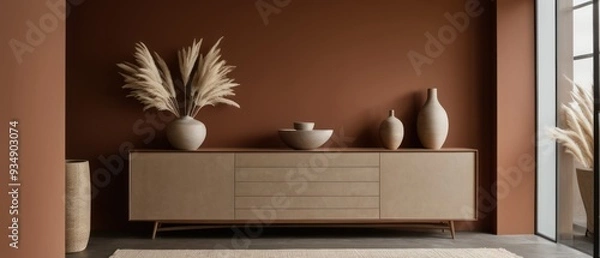 Fototapeta Stylish contemporary interior featuring a minimalist wooden sideboard with decorative vases and pampas grass. Warm, earthy tones create a modern and elegant aesthetic in a serene living space.