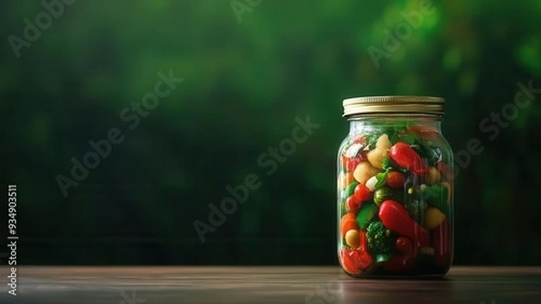 Fototapeta Close-up of a colorful jar of pickled vegetables on a wooden surface with a lush green, blurred background. Vibrant and fresh produce.