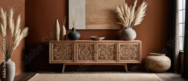 Fototapeta Stylish contemporary interior featuring a minimalist wooden sideboard with decorative vases and pampas grass. Warm, earthy tones create a modern and elegant aesthetic in a serene living space.
