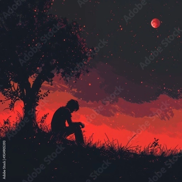 Fototapeta A solitary figure sits beneath a tree gazing at a blood red moon and starry sky