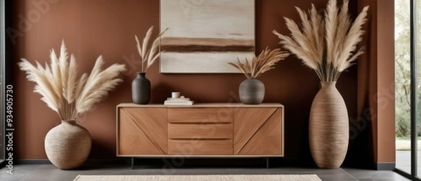 Fototapeta Stylish contemporary interior featuring a minimalist wooden sideboard with decorative vases and pampas grass. Warm, earthy tones create a modern and elegant aesthetic in a serene living space.