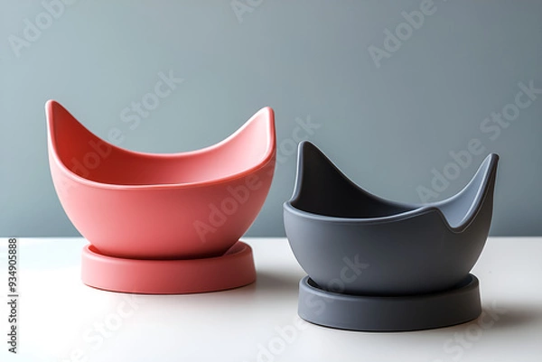 Fototapeta  Two cat bowl with a high back and small base made of plastic material with gray background on white table
