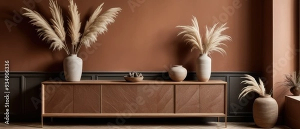 Fototapeta Stylish contemporary interior featuring a minimalist wooden sideboard with decorative vases and pampas grass. Warm, earthy tones create a modern and elegant aesthetic in a serene living space.