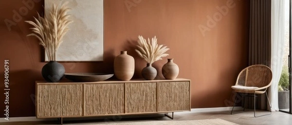 Fototapeta Stylish contemporary interior featuring a minimalist wooden sideboard with decorative vases and pampas grass. Warm, earthy tones create a modern and elegant aesthetic in a serene living space.