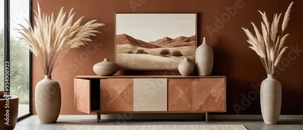 Fototapeta Stylish contemporary interior featuring a minimalist wooden sideboard with decorative vases and pampas grass. Warm, earthy tones create a modern and elegant aesthetic in a serene living space.