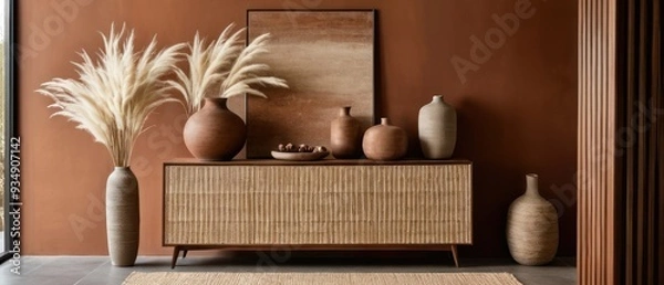 Fototapeta Stylish contemporary interior featuring a minimalist wooden sideboard with decorative vases and pampas grass. Warm, earthy tones create a modern and elegant aesthetic in a serene living space.