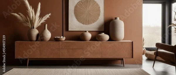 Fototapeta Stylish contemporary interior featuring a minimalist wooden sideboard with decorative vases and pampas grass. Warm, earthy tones create a modern and elegant aesthetic in a serene living space.