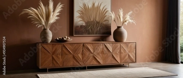 Fototapeta Stylish contemporary interior featuring a minimalist wooden sideboard with decorative vases and pampas grass. Warm, earthy tones create a modern and elegant aesthetic in a serene living space.
