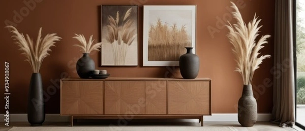 Fototapeta Stylish contemporary interior featuring a minimalist wooden sideboard with decorative vases and pampas grass. Warm, earthy tones create a modern and elegant aesthetic in a serene living space.