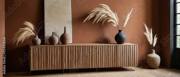 Fototapeta Stylish contemporary interior featuring a minimalist wooden sideboard with decorative vases and pampas grass. Warm, earthy tones create a modern and elegant aesthetic in a serene living space.
