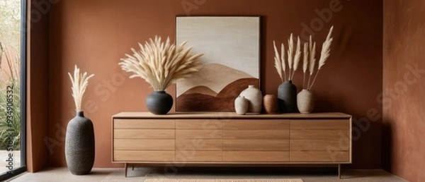 Fototapeta Stylish contemporary interior featuring a minimalist wooden sideboard with decorative vases and pampas grass. Warm, earthy tones create a modern and elegant aesthetic in a serene living space.