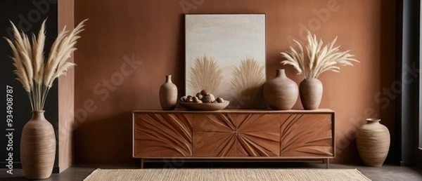 Fototapeta Stylish contemporary interior featuring a minimalist wooden sideboard with decorative vases and pampas grass. Warm, earthy tones create a modern and elegant aesthetic in a serene living space.