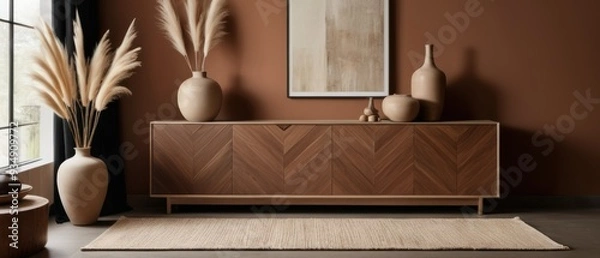 Fototapeta Stylish contemporary interior featuring a minimalist wooden sideboard with decorative vases and pampas grass. Warm, earthy tones create a modern and elegant aesthetic in a serene living space.