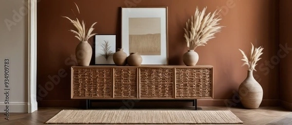 Fototapeta Stylish contemporary interior featuring a minimalist wooden sideboard with decorative vases and pampas grass. Warm, earthy tones create a modern and elegant aesthetic in a serene living space.